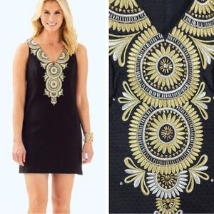 Lilly Pulitzer Gabby Shift Dress 
Black with Gold and Silver Embroidery
